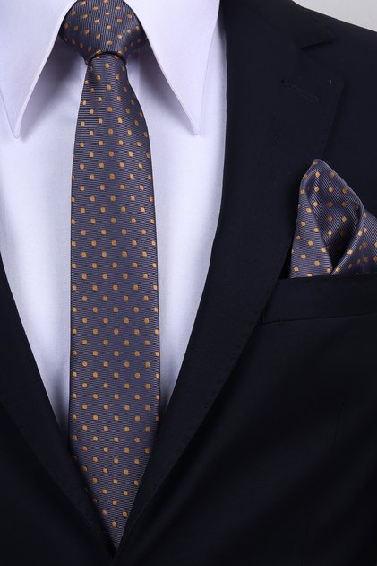 Hand Made 6 cm Polka Dot Pattern Gray-Gold Color Handkerchief Tie