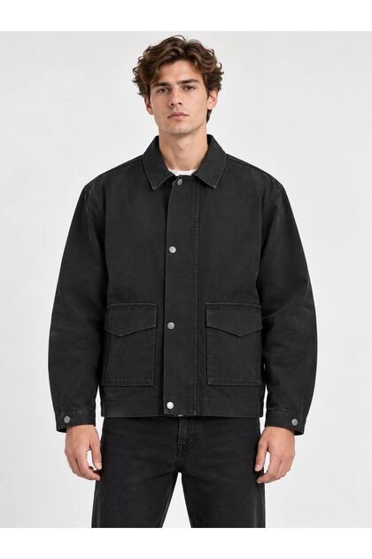 Men's Retro Snap Fastener Zippered Black Canvas Jacket