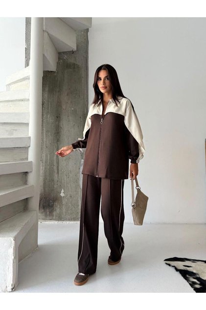 Women's Color-Blocked Zip-Up Sweatshirt and Wide-Leg Pants Two-Piece Set
