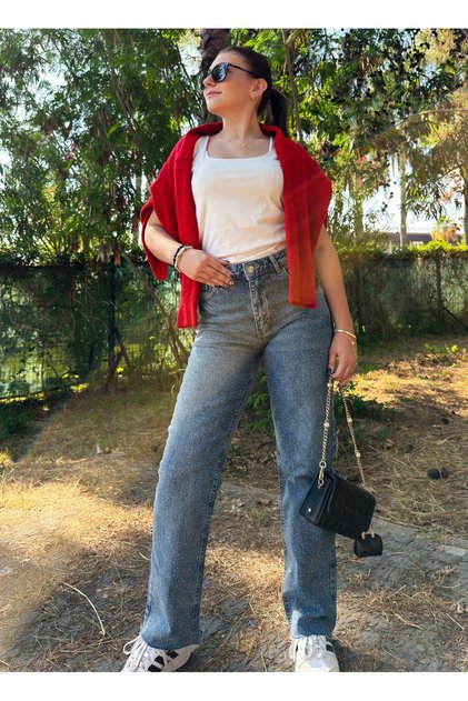Kadın Düz Kesim Taşlı Jean