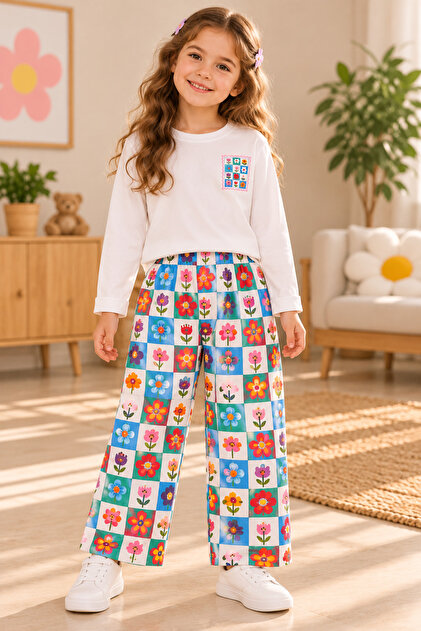 Girls' 2-Piece Set with Floral Print Wide-Leg Pants and Long-Sleeved White Top