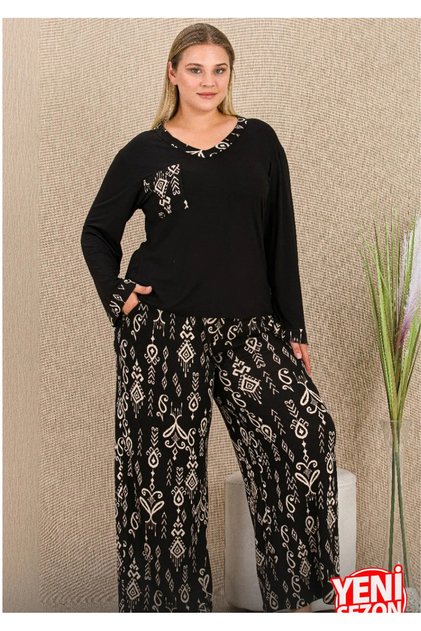 Ethnic Pattern Long Sleeve Plus Size Pajama Set