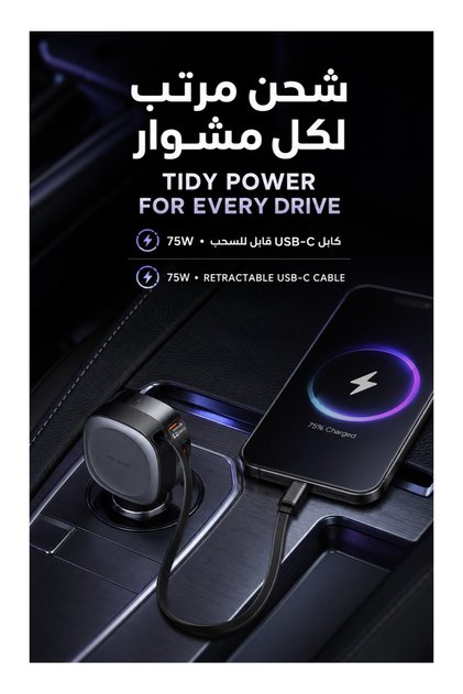 شاحن سيارة بقوة 75 واط مع كابل USB-C قابل للسحب بطول 70 سم، منافذ USB-C وUSB-A، 12-24 فولت، باللون الأسود، CC-1560