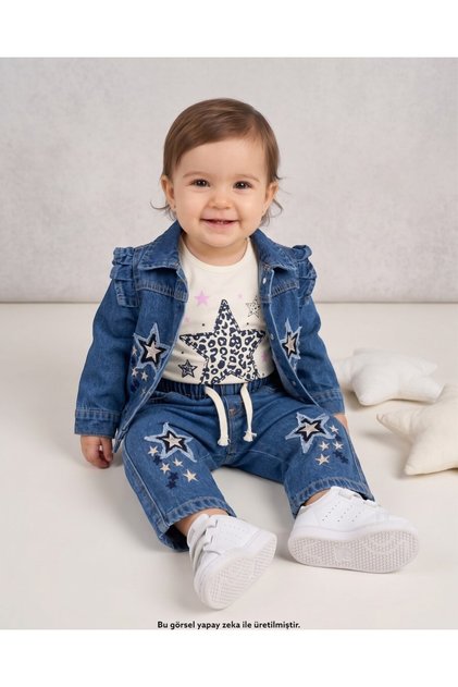 Girl's Star Embroidered 1-2-3-4 Years Old 3-Piece Denim Set, Denim Set with Jacket R2896 L Slim Fit.