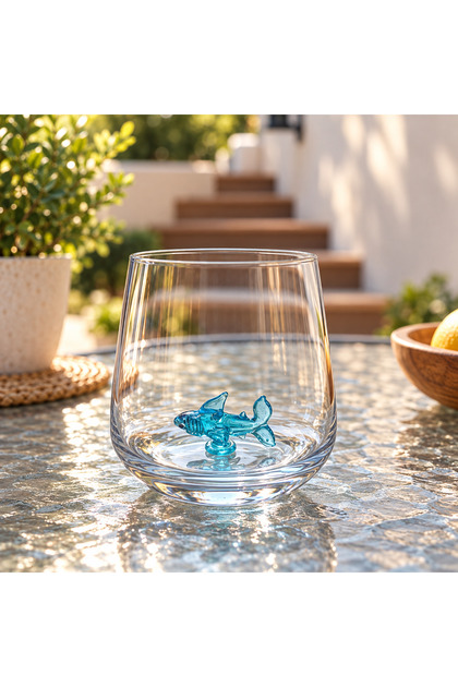 Decorative Single Water Glass with Shark Glass Figure - Turquoise