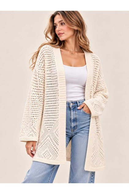 New Season Openwork Patterned Long Loose Oversize Knitwear Women's Cardigan