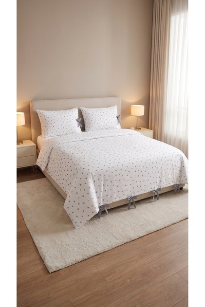 100% Cotton Gray Hearted Lace-Up Duvet Cover Set 220X200 cm – 2 Pieces 50X70 cm Pillowcases – 4 Lace-Up Double Duvet Covers