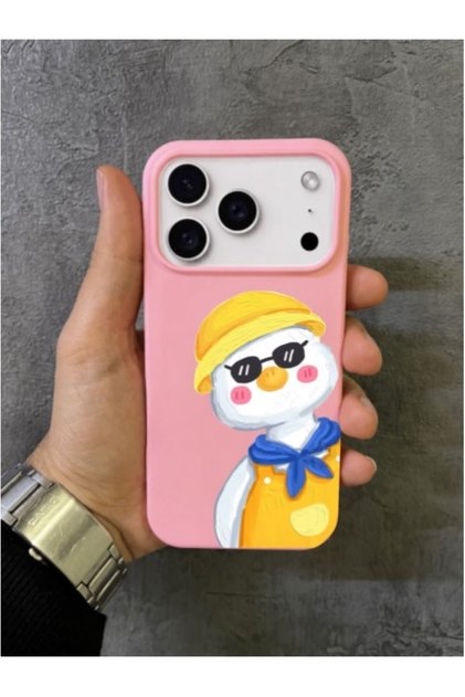 iPhone 17 Pro Max - 18 Pro Max Compatible Pink Case with Yellow Hat and Glasses Duck Pattern