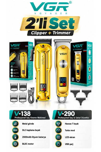 Saç Sakal Tıraş Makinesi Seti Metal Clipper Trimmer Gold | V-138 & V-290