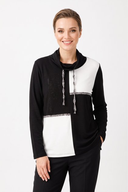 Women's Plus Size Lycra Turtleneck Asymmetrical Patterned Long Sleeve Stoned Mother Sweatshirt