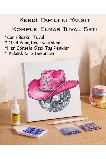 Toptan Elmas Mozaik Tuval Seti - Pembe Kovboy Şapkalı Disko Topu