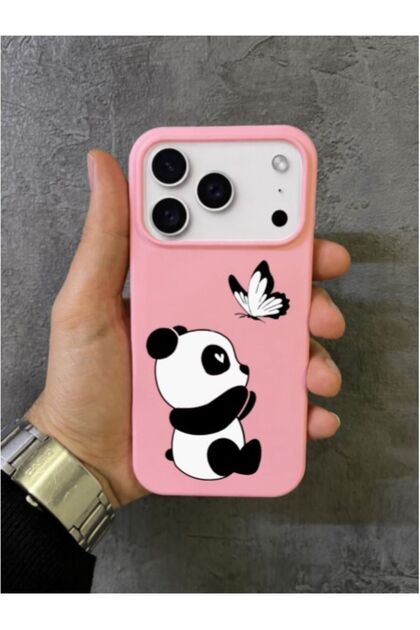 iPhone 17 Pro Max - 18 Pro Max Compatible Pink Case with Cute Panda Pattern Playing with Butterfly