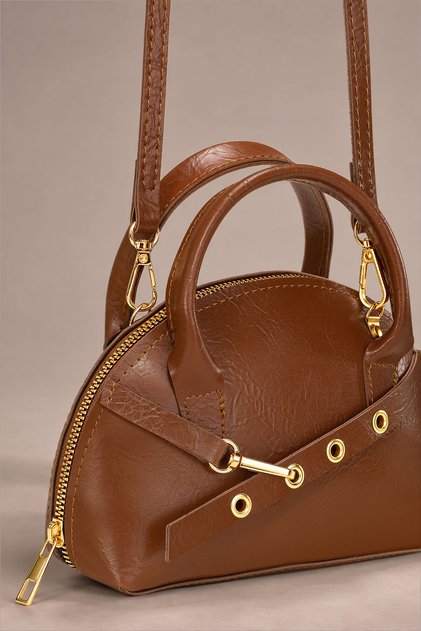 Cognac Brown Gold Accessory and Eyelet Detail Women's Shoulder Bag Ref.672466