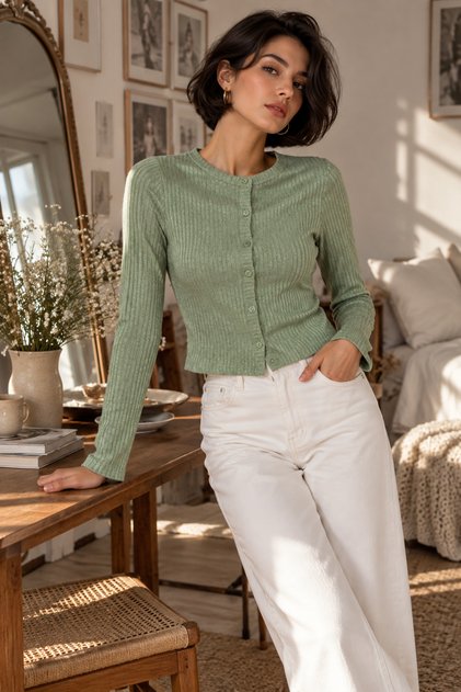 Women's Ribbed Crew Neck Cardigan