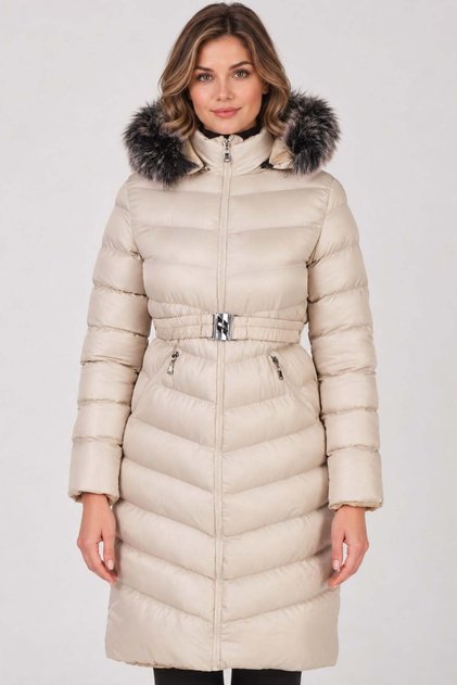Women's Hooded Fur Detailed Coat Beige Z9690