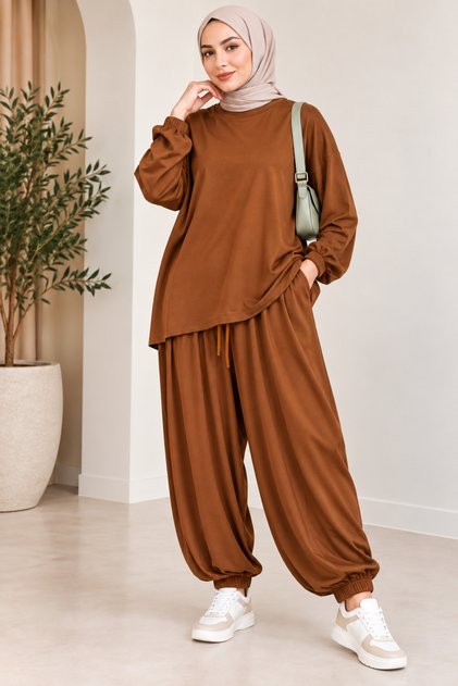 Women's Modal Suede Oversize Tunic with Elastic Waist Shalwar Trousers Two-Piece Set