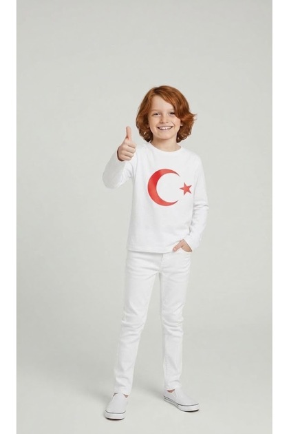Boys' Ayyildiz Printed Long-Sleeved T-Shirt and White Linen Trousers Set 29 October Republic Day and Special Occasions