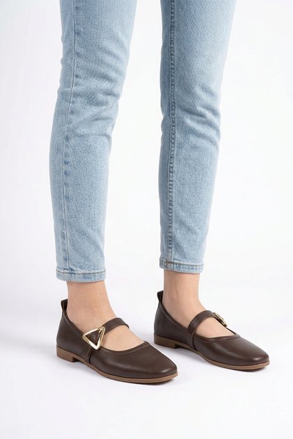 Lontas Genuine Leather Women's Babet with Side Triangle Buckle, Brown Skin