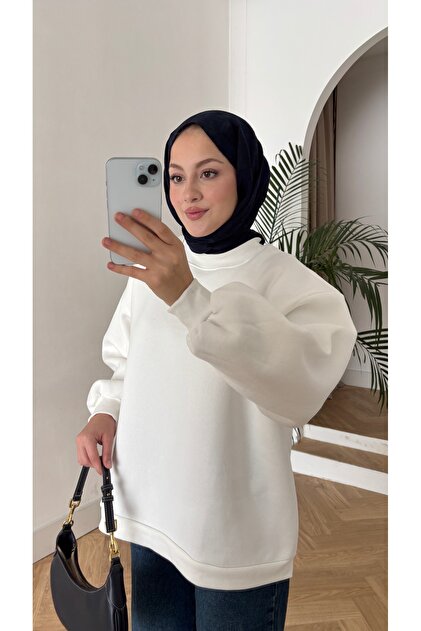 Women's Fleece Lined 3 Yarn Organic Cotton Oversize Basic Crew Neck Sweatshirt