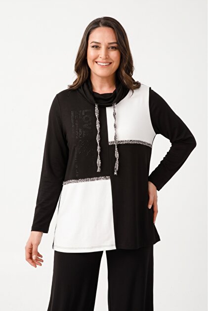 Women's Oversized Lycra Turtleneck Asymmetrical Patterned Long Sleeve Stoned Mother Sweatshirt