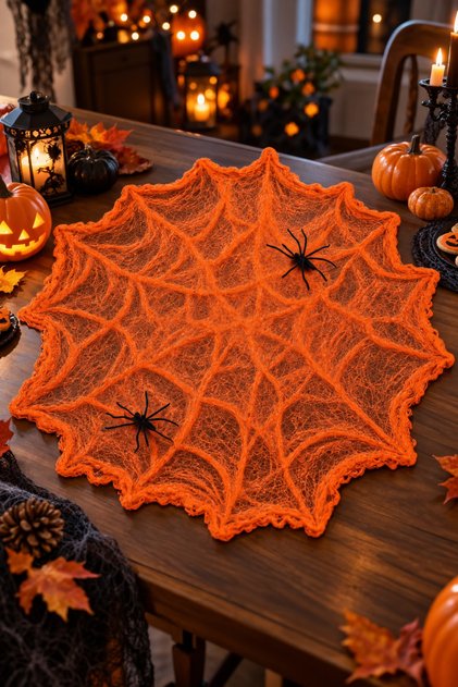 Halloween Turuncu Örümcek Ağı 2 Örümcekli Dekor Süsü Cadılar Bayramı Parti Ev Etkinlik Süslemesi