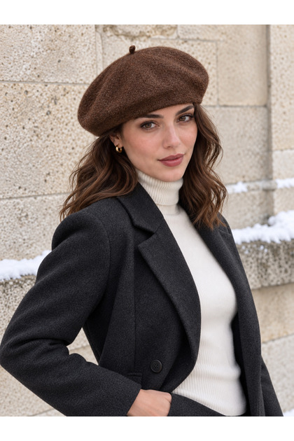 Coffee Plush Textured Soft Painter's Beret Bere1157