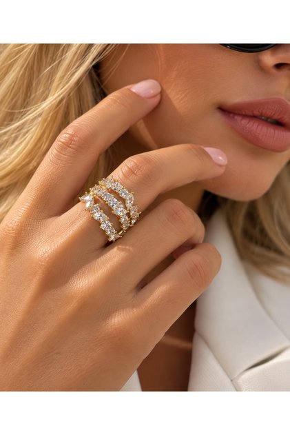 Gold Color Zircon Stone Swa Style Multi Row Flashy Women's Ring