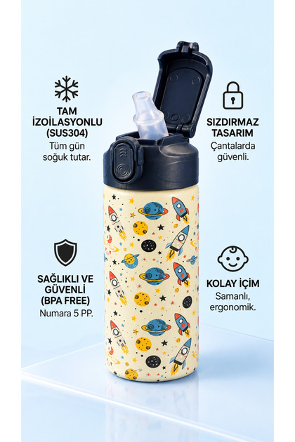 Çocuk Pipetli Çelik Suluk ve Matara 500 ml Sızdırmaz BPA Free SUS304 Okul Su Matarası