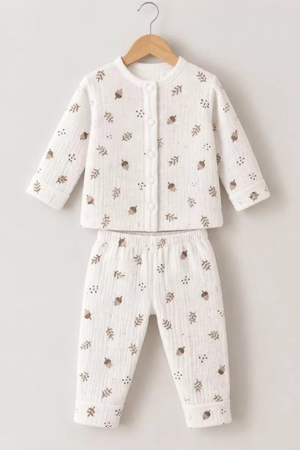 3-12 Months Palamut Printed Combed Cotton Baby Pajama Set with Snap Fasteners