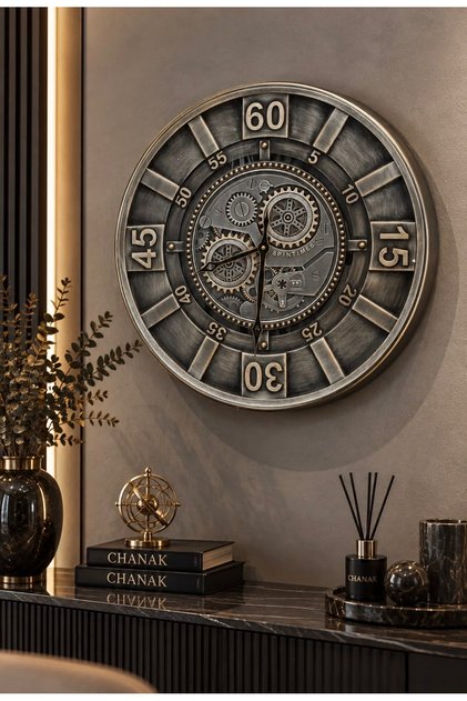Çarklı Metal Duvar Saati 60cm Dekoratif Saat