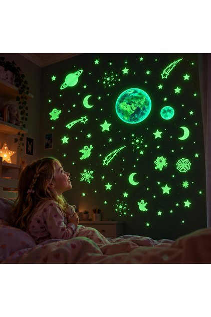 Phosphorescent Star Sticker Galaxy Set 200 Pieces Glow-In-The-Dark Earth Moon Saturn and Fantastic Figures