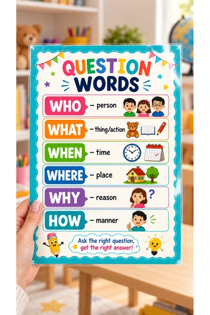 **İngilizce Soru Kelimeleri Eğitici Poster – Question Words 21×30 cm Laminasyonlu Çocuk Odası ve Sınıf Posteri**