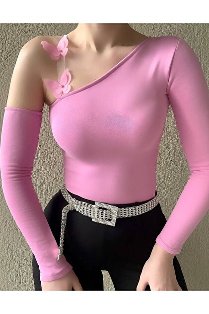 Kadın Pembe Kelebekli Tek Omuz Asimetrik Yaka Uzun Kollu Bluz