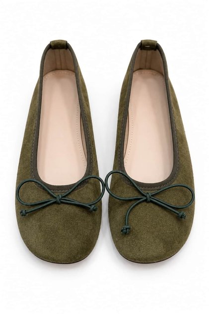 Women's Khaki Green Suede Bowknot Soft Comfortable Ballerinas Farel
