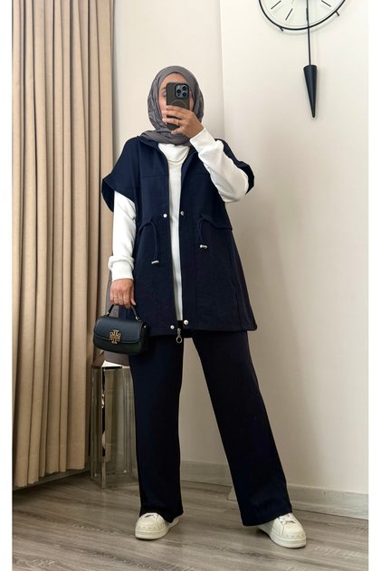 3-Piece Hijab Set with Hooded Vest and Tunic with Pocket Detail