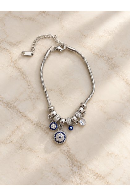 Silver Color Evil Eye Detailed Charm Bracelet – Elegant Women's Bracelet with Sparkling Stones