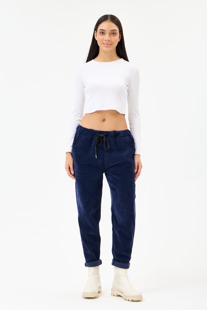 Women's Navy Blue Italian Waist Lace-Up Lycra Velvet Trousers 40 - 46 Size