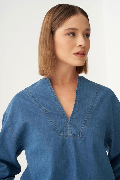 V Yaka Denim Gömlek Tunik