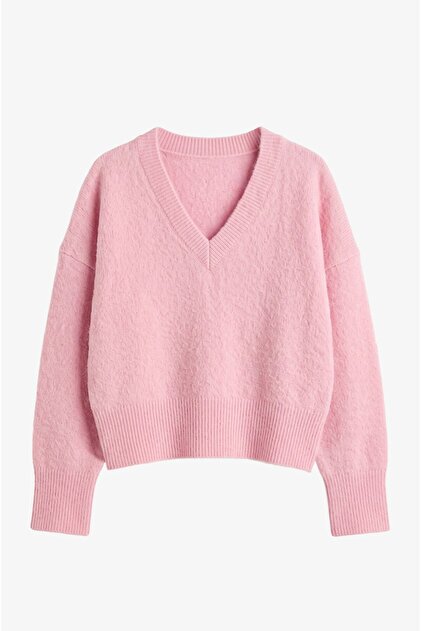 Rosafarbener Pullover mit V-Ausschnitt und weicher Textur