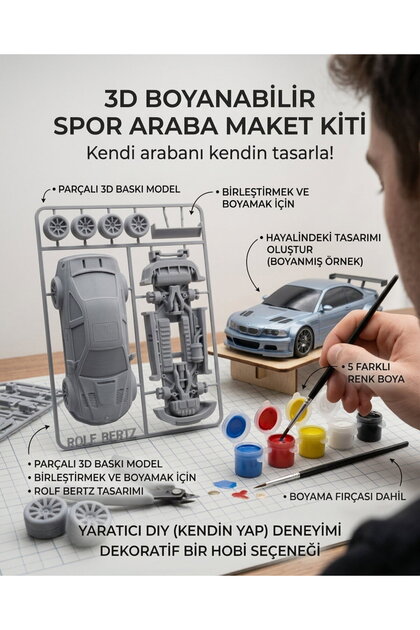 3D Boyanabilir Spor Araba Maket Kiti | Kendin Yap DIY Hobi Seti | Montaj ve Boyama Seti | Hediye