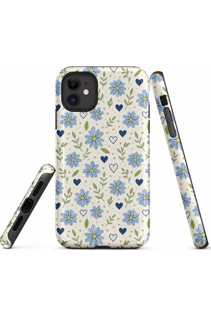 Compatible with iPhone 12 / 12Pro - Blue Flowers, Double Layer Cover, Glossy Surface Protective Case