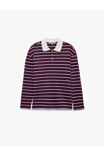 Comfortable Fit Cotton Long Sleeve Polo Collar Striped T-Shirt