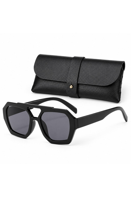 Ochelari de soare unisex geometrici negri, lentile fumurii UV400 + suport din piele bonus