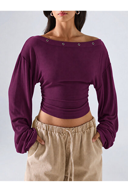 Metal Detailed Boat Neck Draped Long Sleeve Crop Blouse