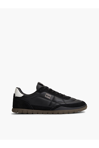 Erkek Hakiki Deri Karma Dokulu Metalik Logolu Siyah Sneaker