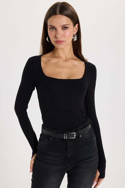 Kadın Slim Fit Dar Kesim Pamuklu Kare Yaka Ultra Soft Siyah Modal Bluz