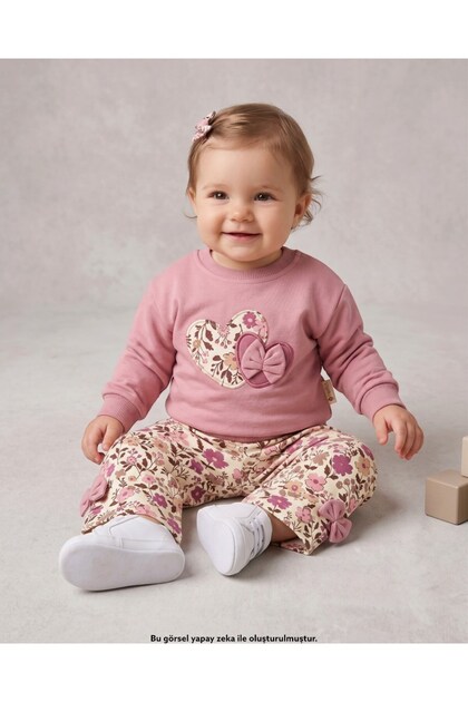Baby Girl Stylish Set with Heart and Bow Detail Wide-Leg Pants, 100% Cotton, 6-9-12-18-24 Months