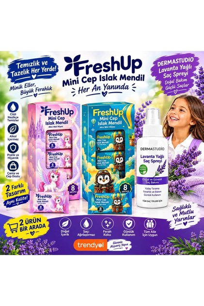 Fresh Up 2 Paket 8.li Figürlü Mini ıslak Mendil ve Lavanta Spreyi Bir Arada