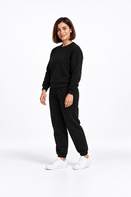 Crew Neck 3 Thread Threaded Winter Women's Black Tracksuit Set with Fleece Inside
