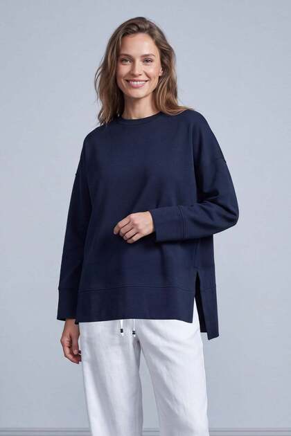 Yırtmaçlı Yuvarlak Yaka Sweatshirt Lacivert